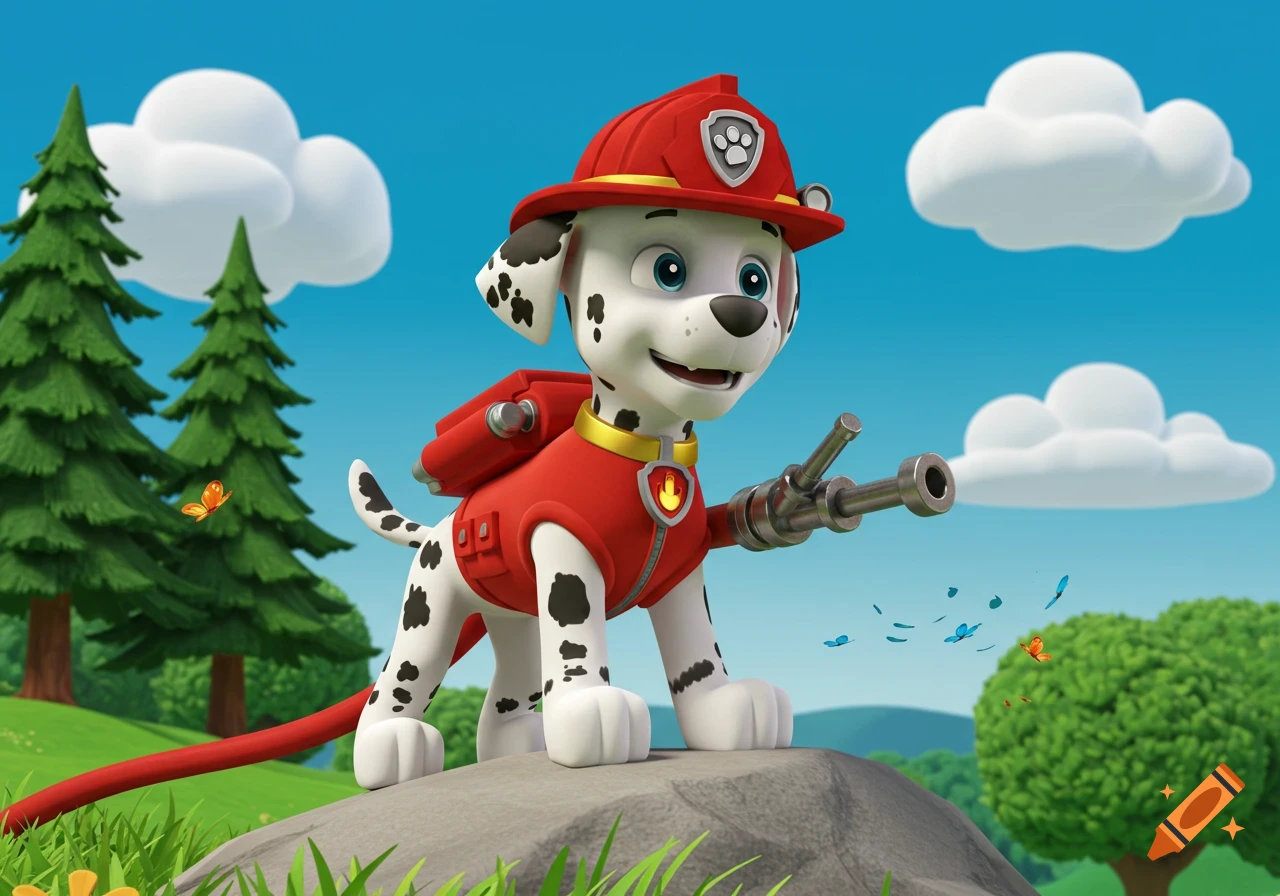 3D animated Marshall the Dalmatian firefighter puppy from Paw Patrol holding a water cannon, standing on a rock in a grassy landscape.