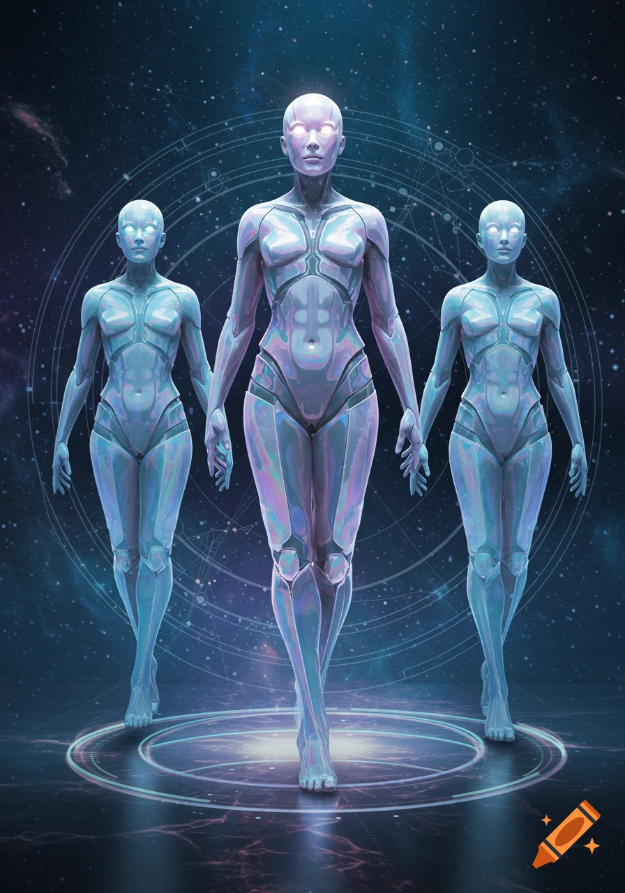 Three iridescent female-like robots walk forward on glowing circles against a cosmic, starry background with geometric patterns.