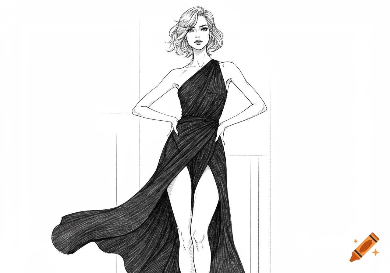 Pencil line sketch of a woman with short hair wearing a black one-shoulder dress with a leg slit, standing with hands on hips.