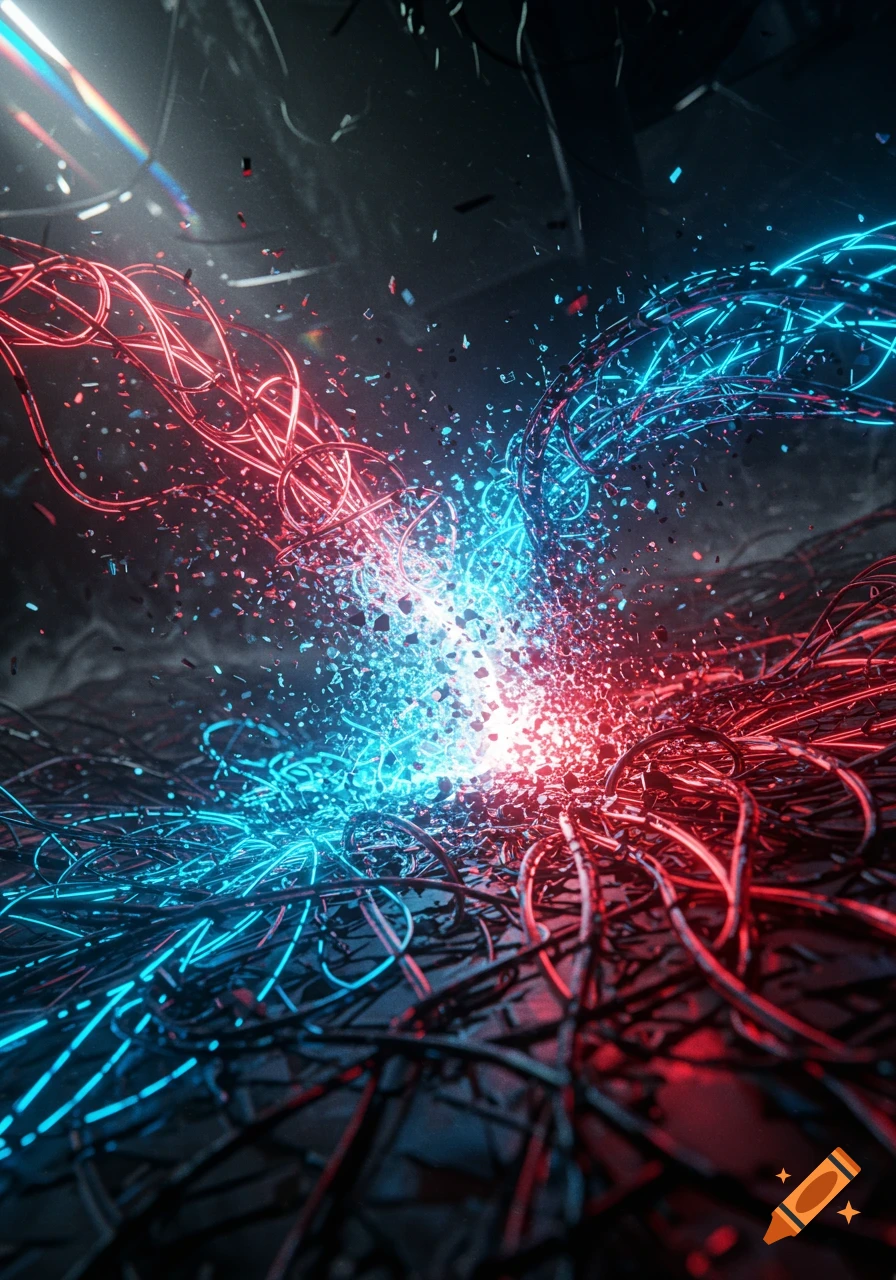 Abstract digital art of glowing red and blue wires colliding in an explosion of light and particles.