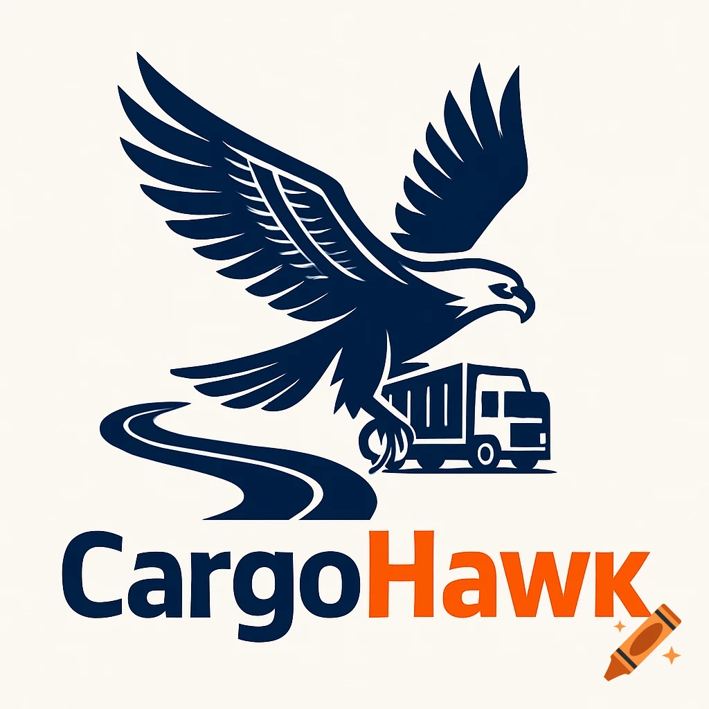 Minimalist vector logo of a dark blue hawk carrying a cargo truck above a winding road, with 'CargoHawk' text below.
