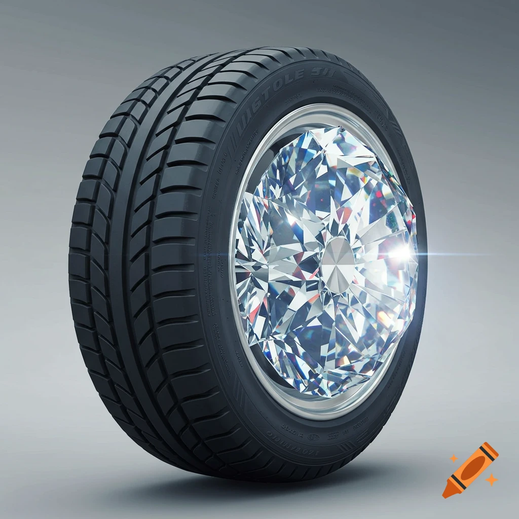 Photorealistic image of a dark car tire with a large, multifaceted diamond as its rim, sparkling with light.