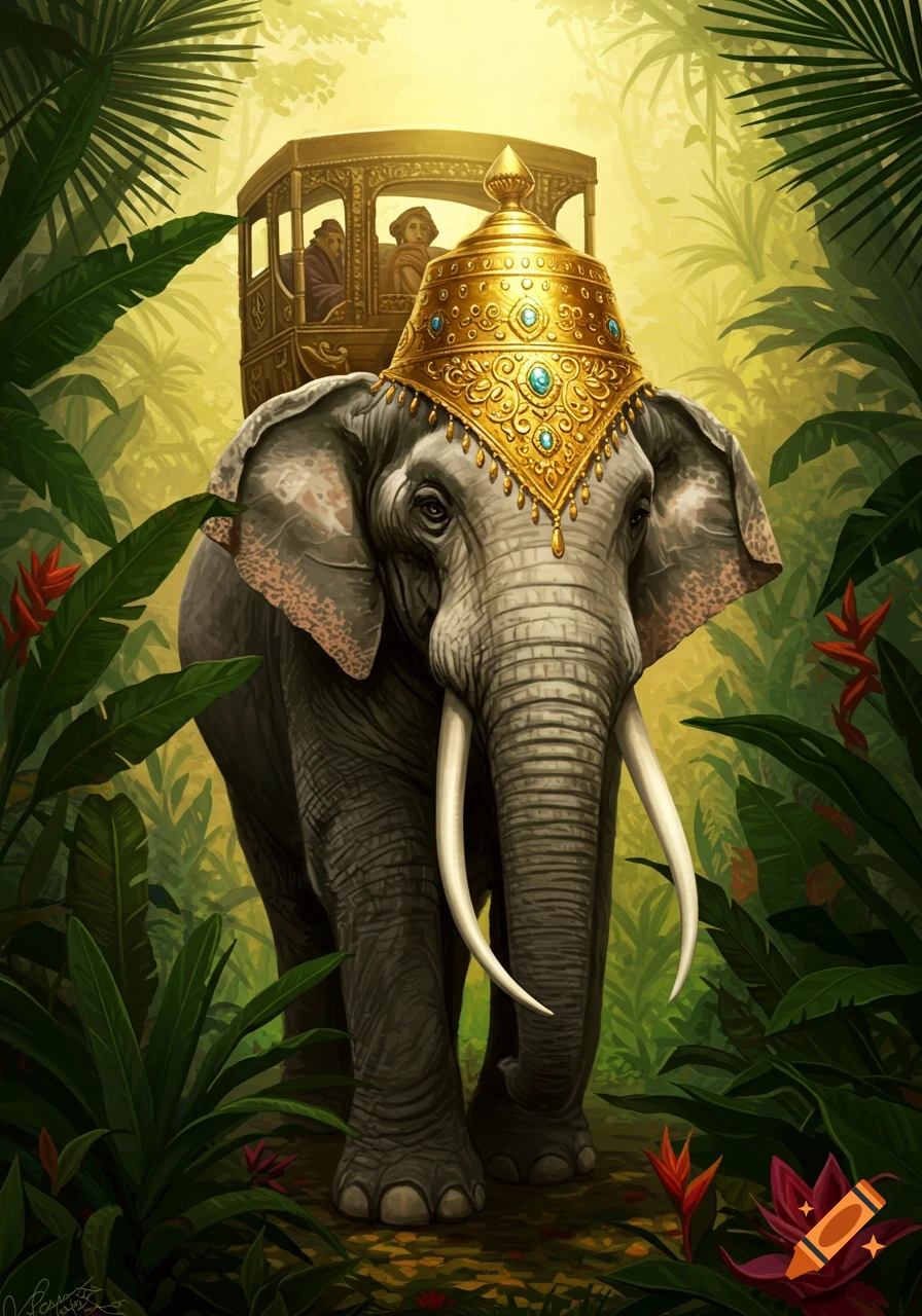 A majestic elephant with an ornate golden hat and a howdah carrying people, walks through a lush jungle in a detailed illustration.