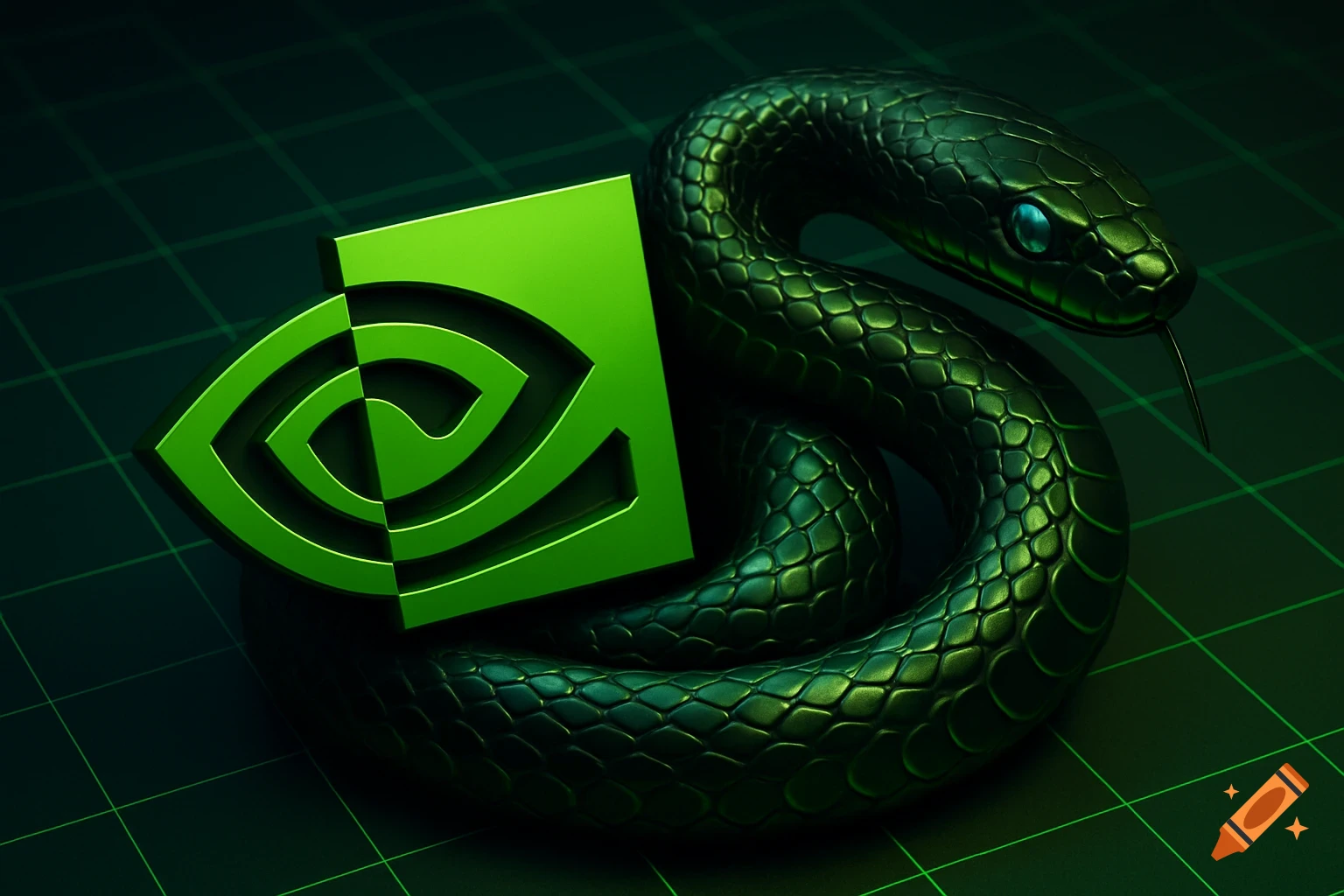A dark green snake coiled around a bright green NVIDIA logo on a grid background.