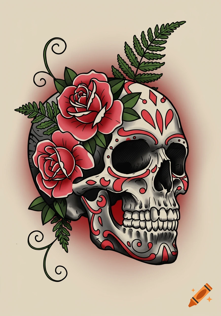 A vibrant sugar skull adorned with red roses and green leaves in a traditional tattoo flash art style on a light background.