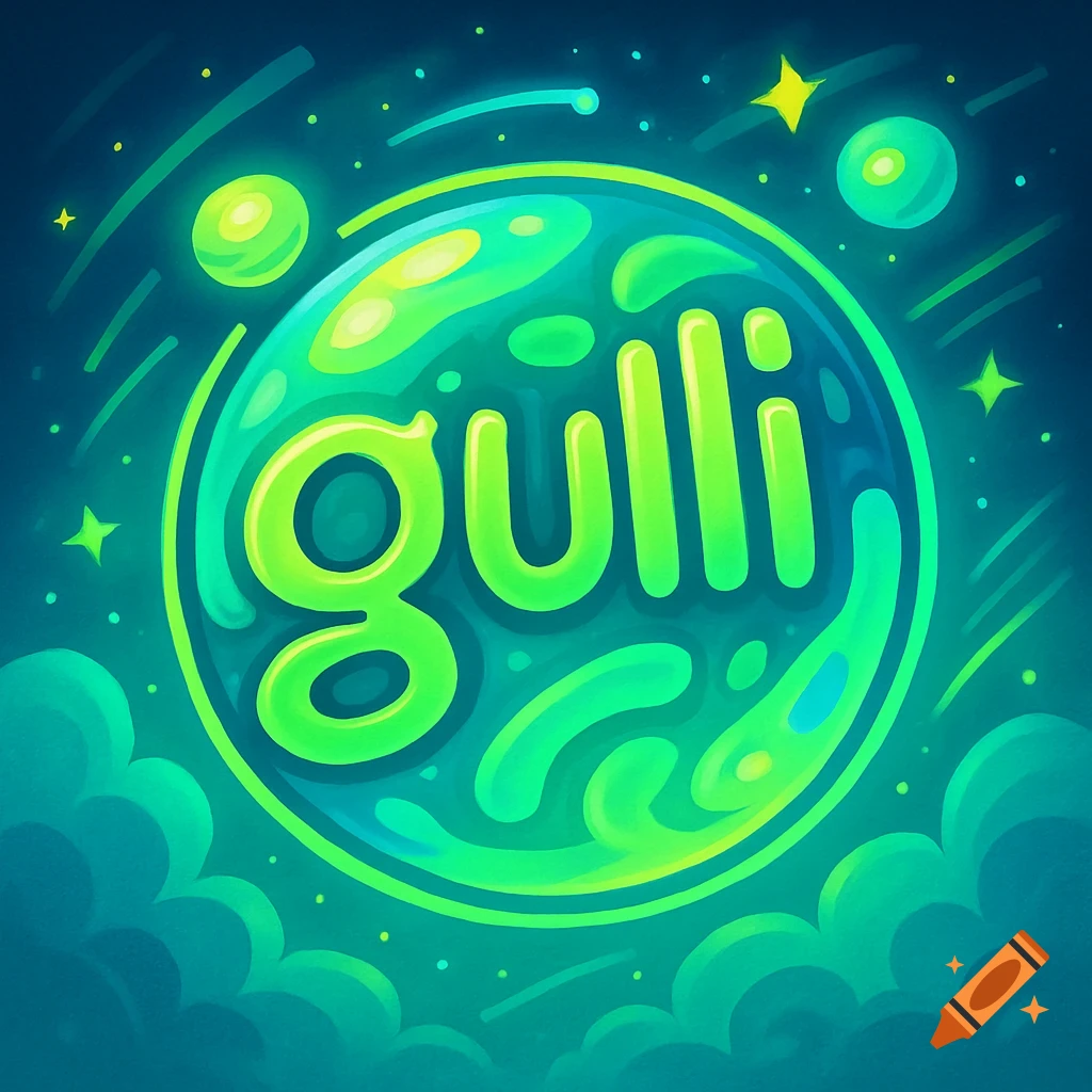 Bright green 'gulli' logo in a glowing bubbly sphere, cosmic background with stars and clouds, cartoon style.