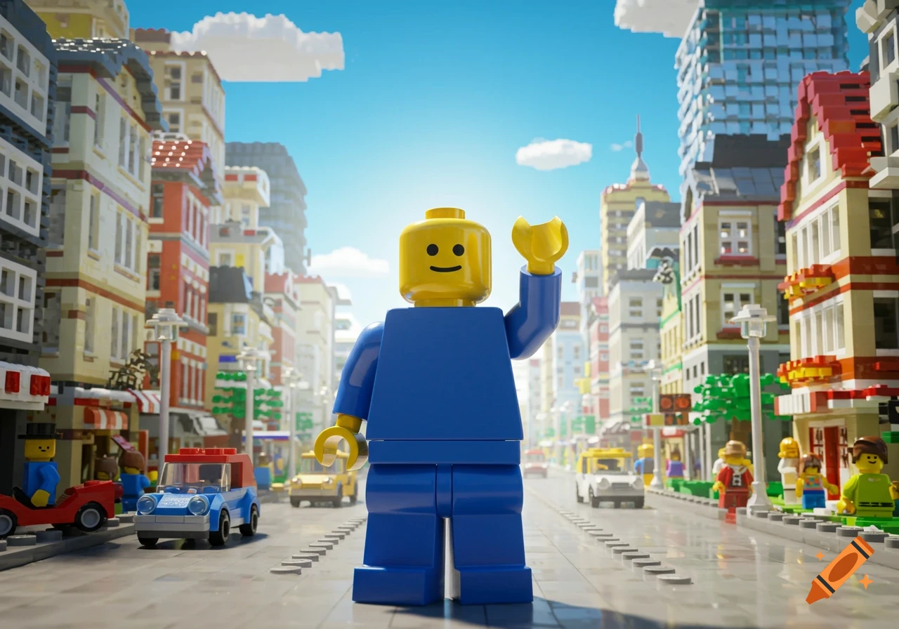 A giant Lego minifigure in a blue outfit waves in a detailed Lego city street with cars and buildings.
