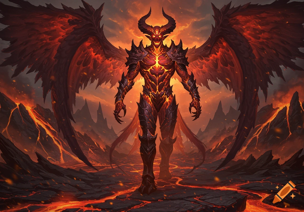 A powerful, horned demon with fiery wings and glowing red eyes stands in a lava-filled volcanic landscape under a fiery sky.