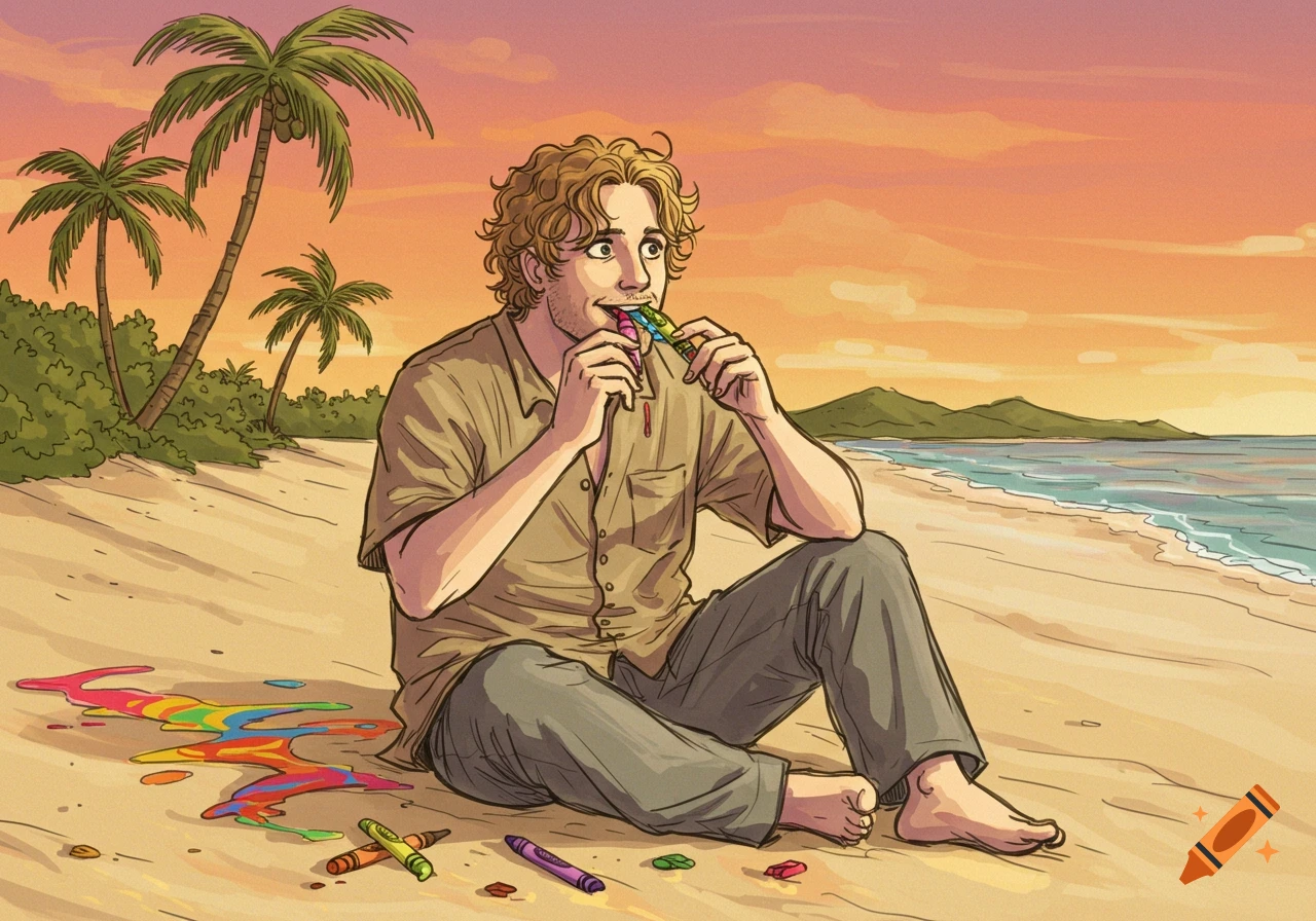 A man with curly hair sits on a sandy beach at sunset, eating crayons, with melted colorful wax on the sand, in a cartoon style.
