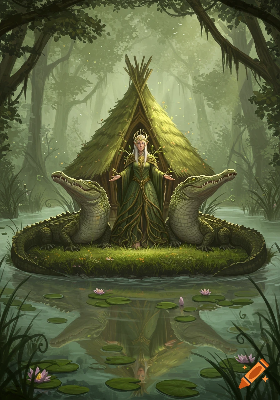 An elven princess stands between two crocodiles in front of a hut on a grassy island in a swamp, fantasy art.
