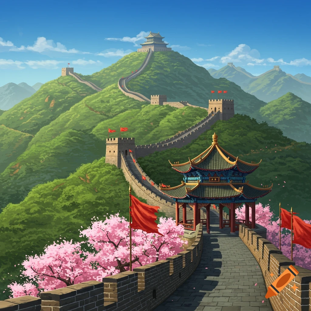 Illustration of the Great Wall of China winding through green mountains with cherry blossoms and red flags under a blue sky.