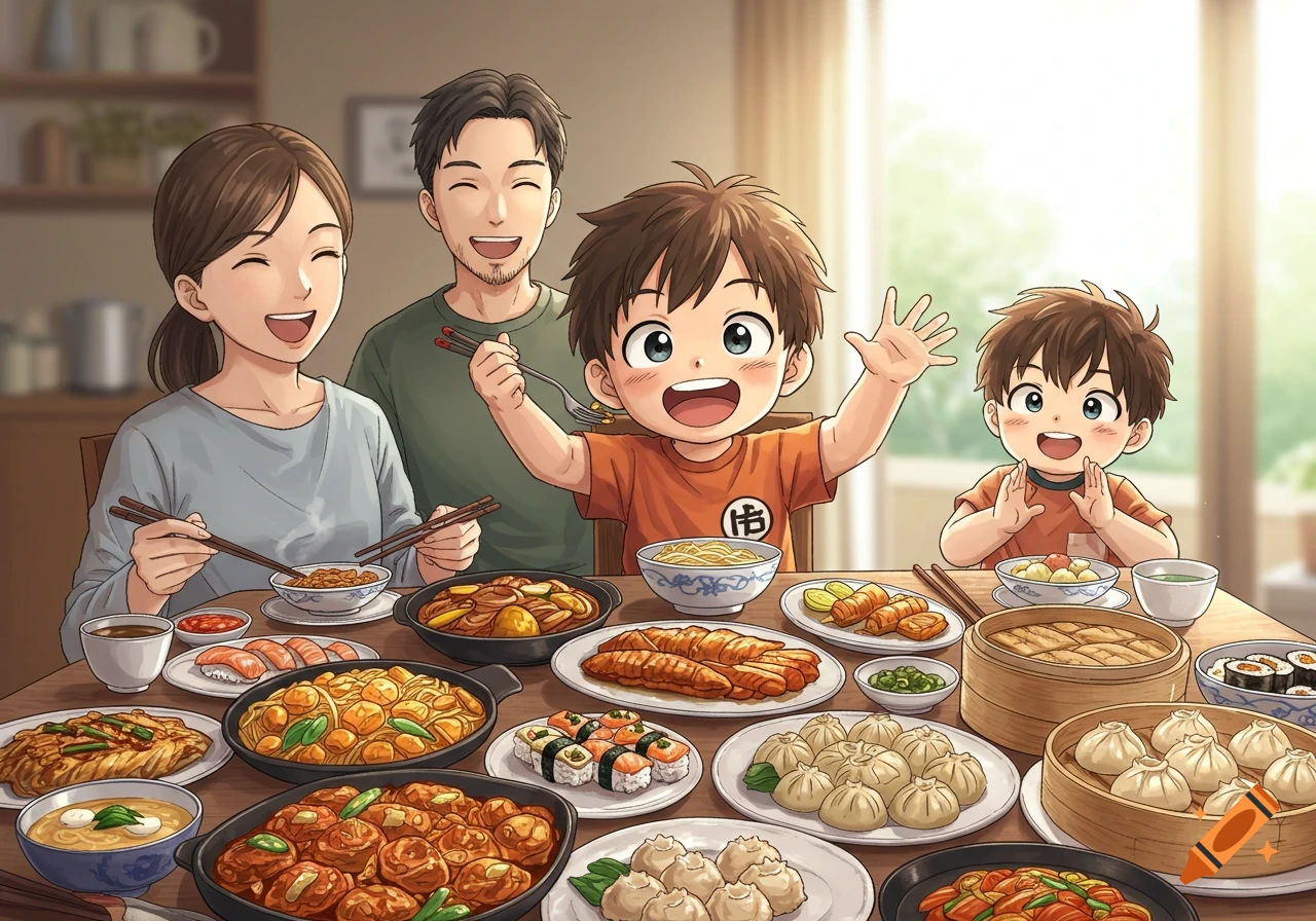 An anime family, mother, father, and two young boys, smiling joyfully around a table laden with various Asian dishes.