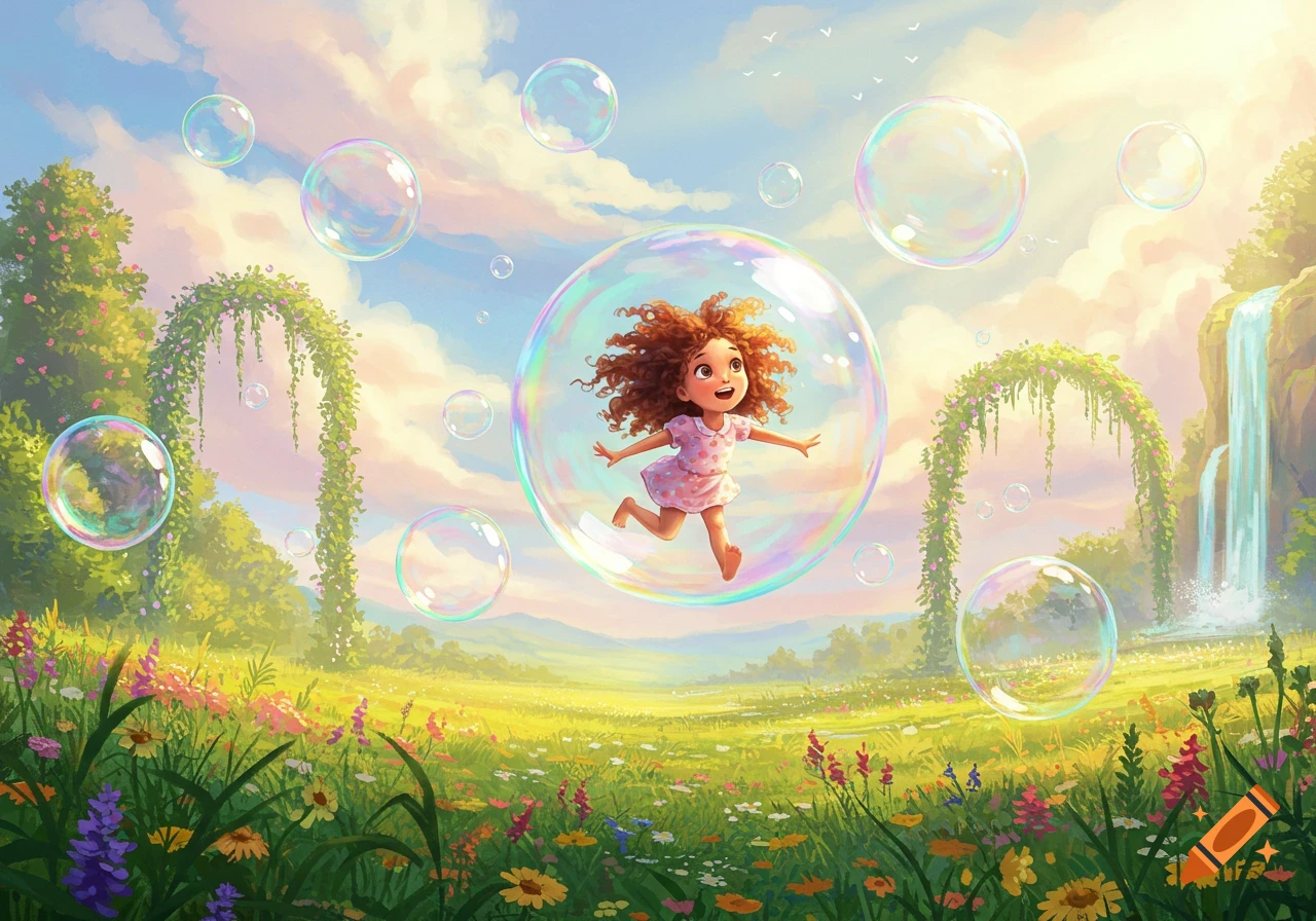 A whimsical illustration of a joyful curly-haired girl bouncing in a bubble in a vibrant meadow with wildflowers and a waterfall.