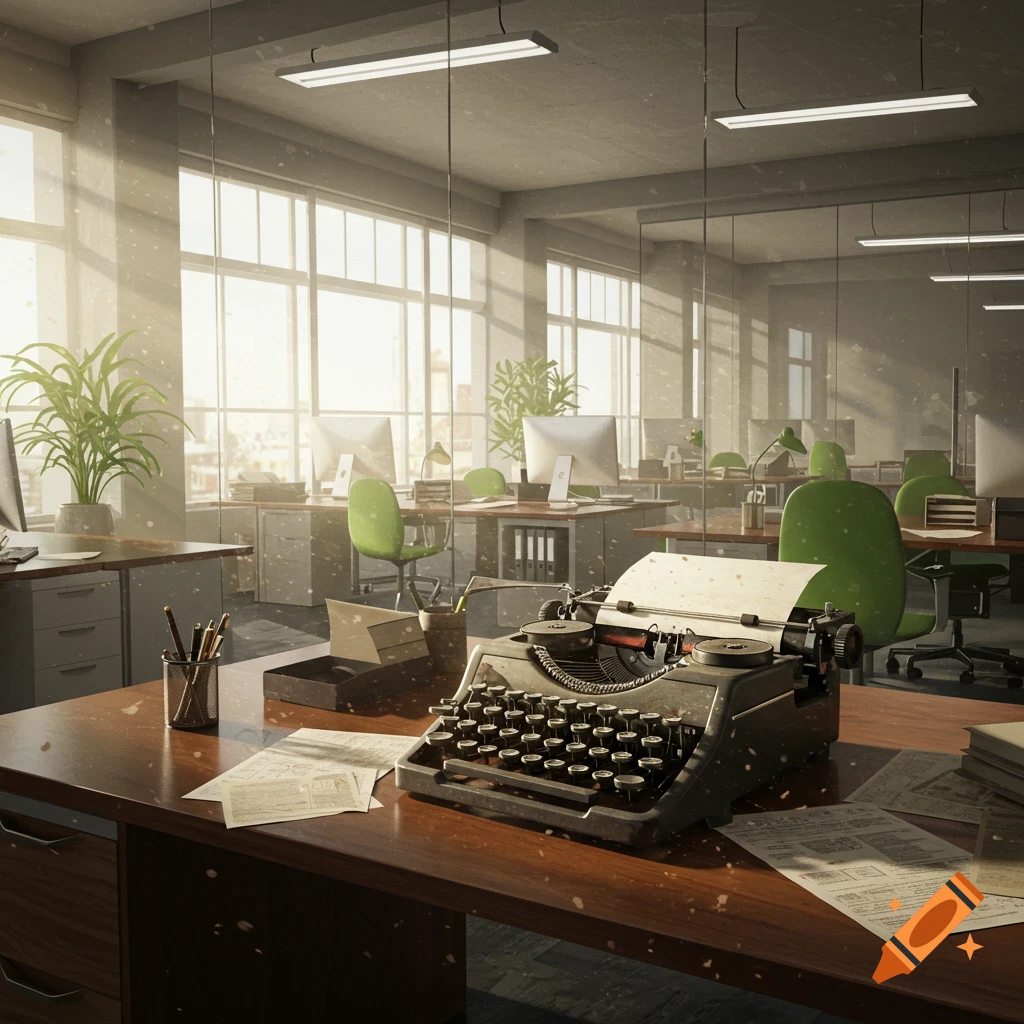A vintage typewriter sits on a wooden desk in a sunlit modern office with green chairs and contemporary computers.