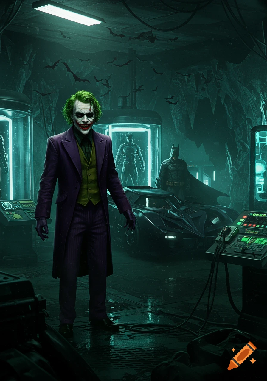 The Joker stands front and center in a dark Batcave, smiling, while Batman watches from the shadows behind the Batmobile.