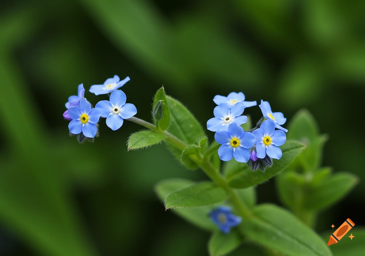 Close-up photorealistic shot of blue forget-me-not flowers with yellow centers on a green stem against a blurry green background.
