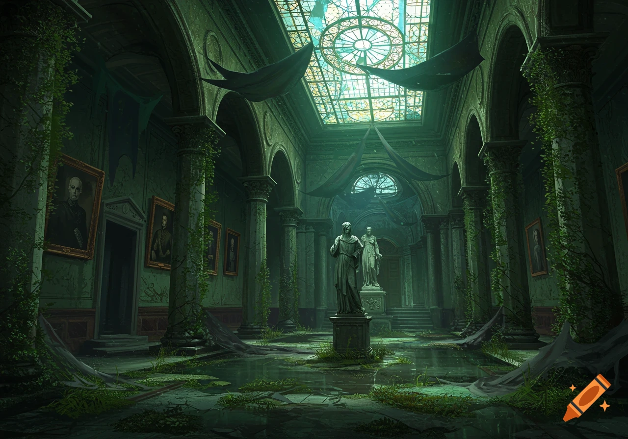 A dark, ruined gothic gallery with columns overgrown by vines, ancient statues, puddles, and a broken stained-glass skylight.