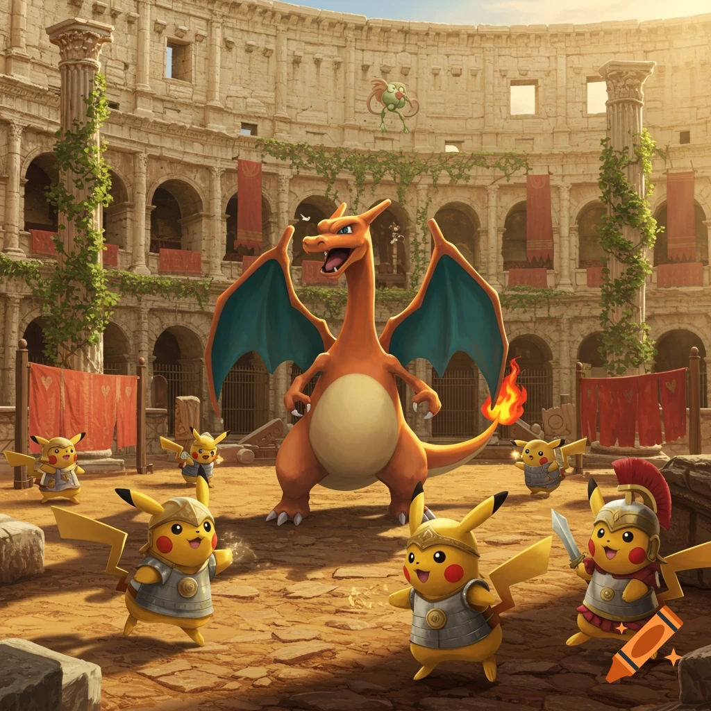 Charizard stands in a Roman coliseum surrounded by Pikachu dressed as gladiators, with a Hoppip floating in the background.