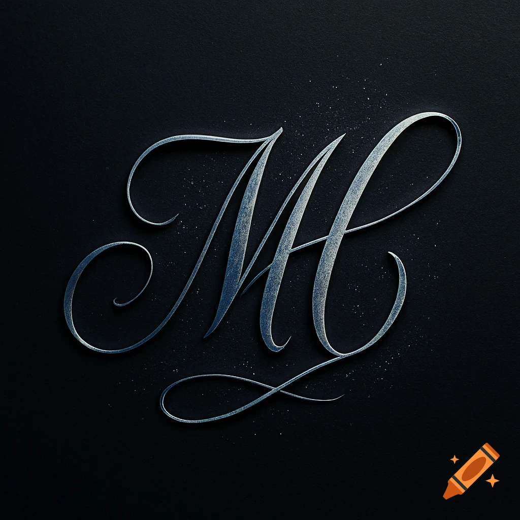 Silver metallic calligraphic monogram "MH" on a dark textured background.