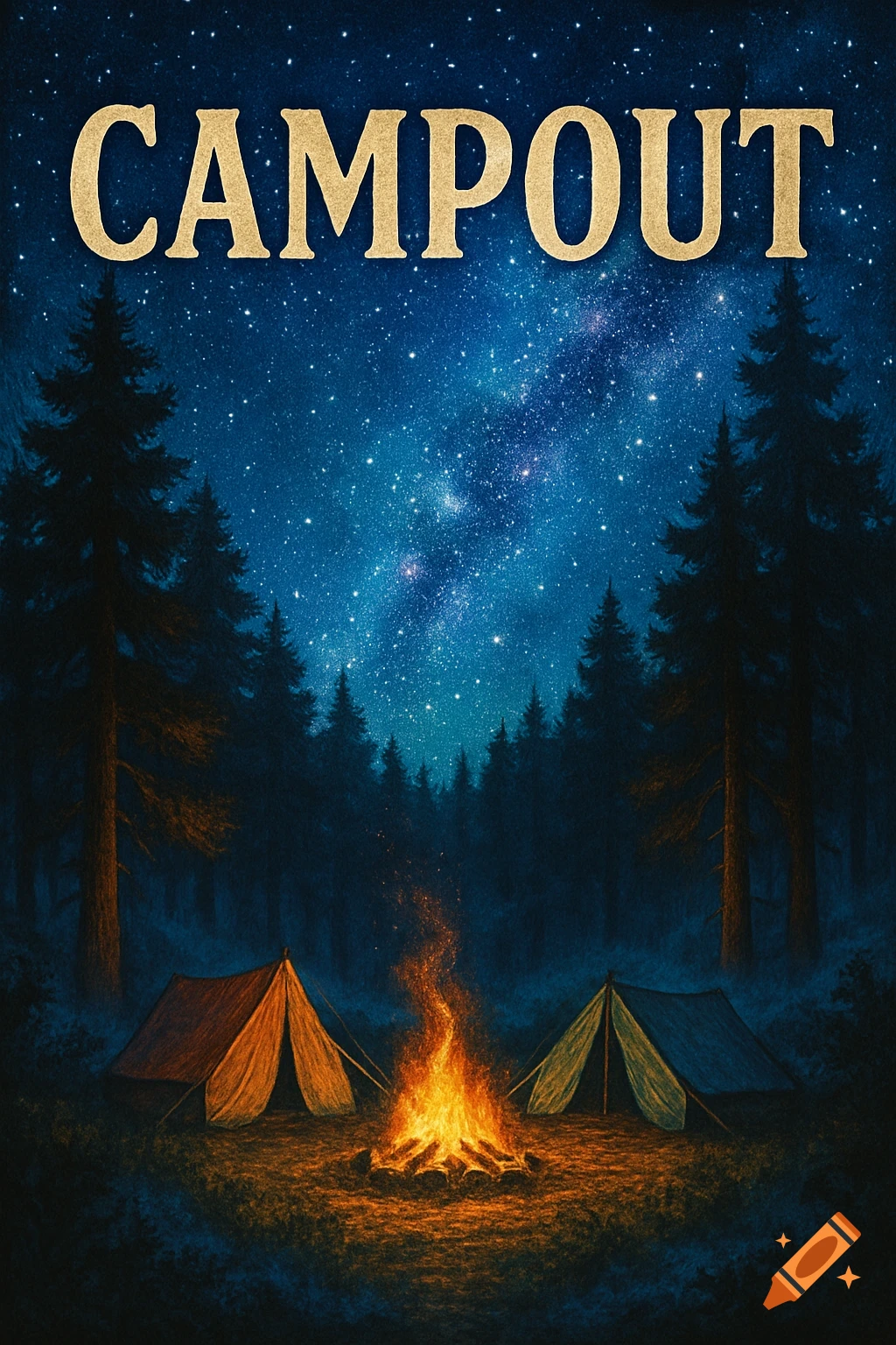 A book cover titled "CAMPOUT" showing two tents and a campfire in a dark forest under a clear, starry night sky with the Milky Way.