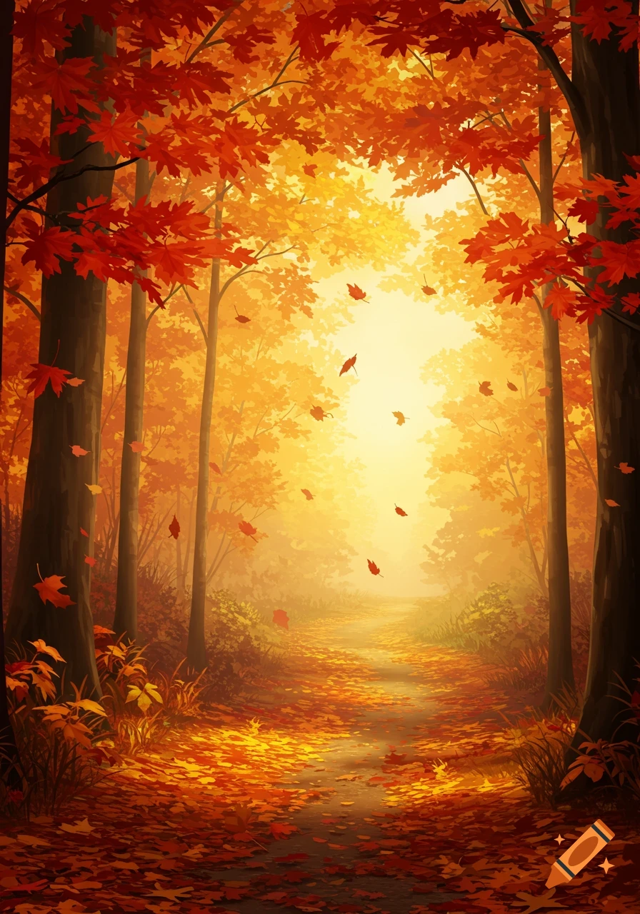 A vibrant autumn forest path with golden trees, bright light, and red and orange leaves falling and covering the ground.