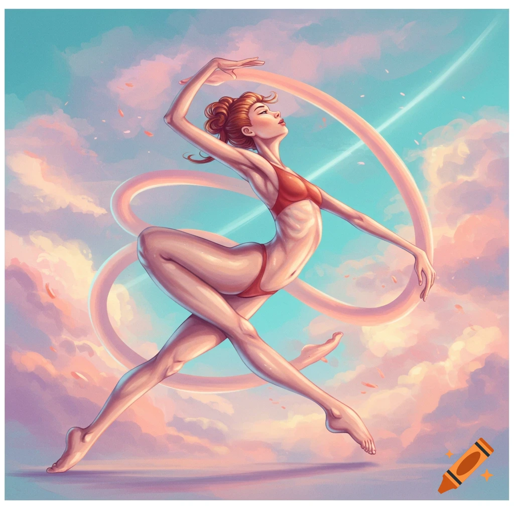 Stylized illustration of a woman in a red bikini dancing in a cloudy sky with flowing ribbons.