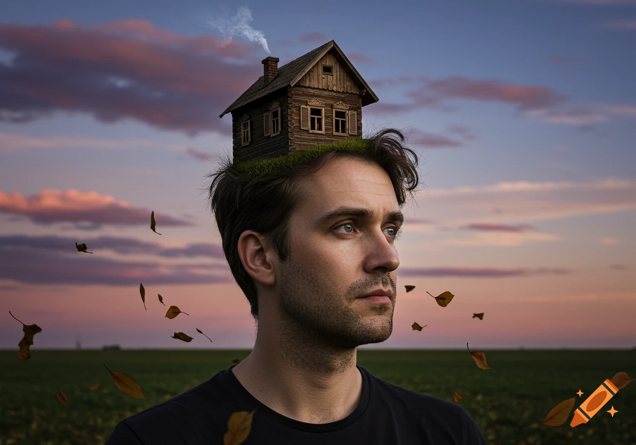Surreal portrait of a man with a wooden cabin on his head, surrounded by falling leaves at sunset.