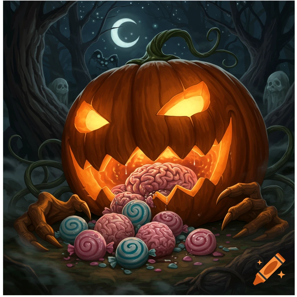 A spooky, glowing jack-o'-lantern pumpkin in a dark forest, filled with stylized brains and colorful candies. Illustration.