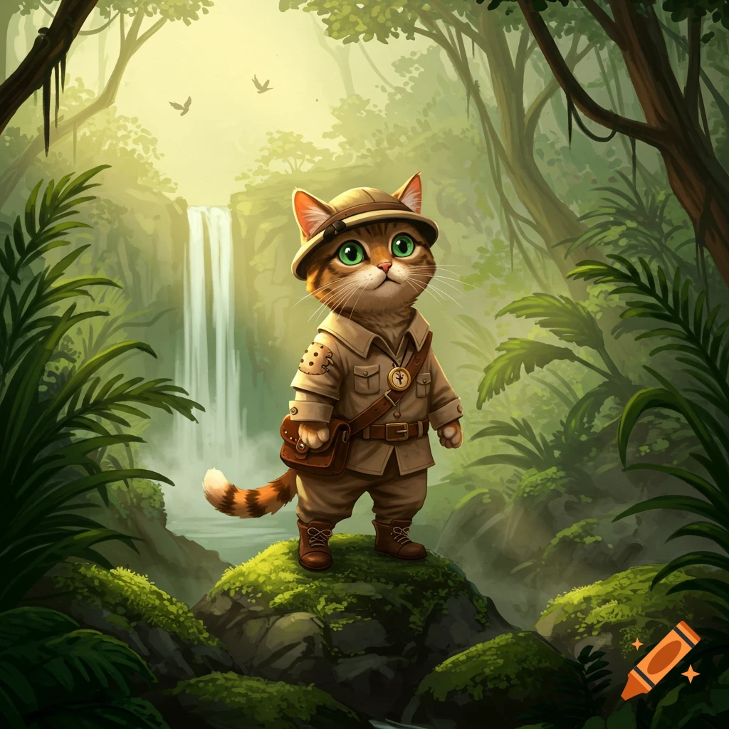 A cute, cartoonish cat wearing an explorer's hat and safari suit stands on a mossy rock in a lush jungle with a waterfall.