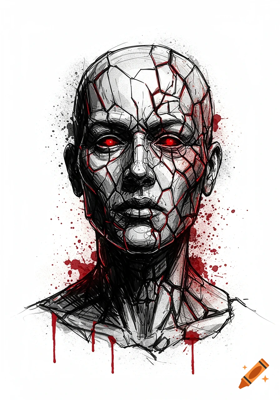 Sketch-style drawing of a cracking human bust with glowing red eyes, black ink, and red splatters.