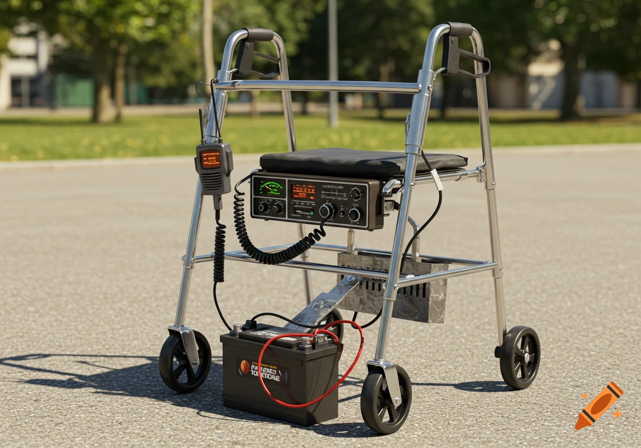 Photorealistic image of a metal handicap walker with wheels, a CB radio attached to the seat, and a car battery on the frame.