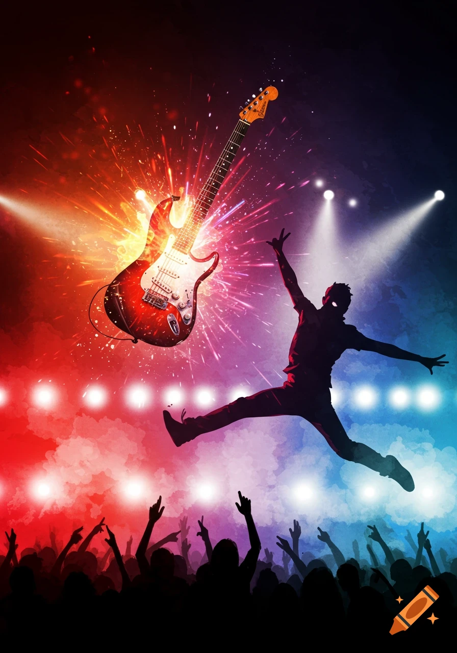 Silhouette of a musician jumping with an electric guitar glowing on a stage with a cheering crowd, vibrant red and blue lighting.