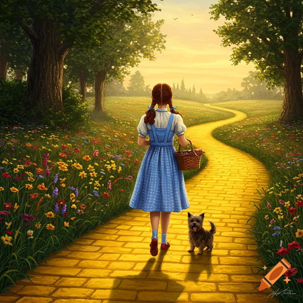 A young girl with pigtails in a blue dress and her dog walk down a yellow brick road through a vibrant meadow at sunset.