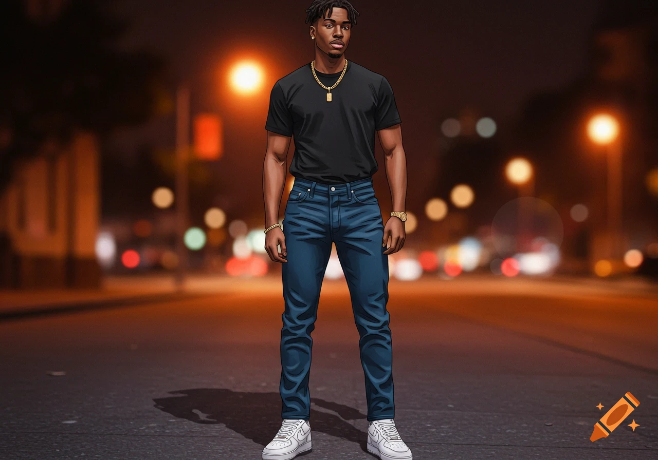 A stylized illustration of a young Black man with dreadlocks, wearing a black t-shirt, blue jeans, white sneakers, and gold jewelry, standing on a street at night with blurred city lights in the background.