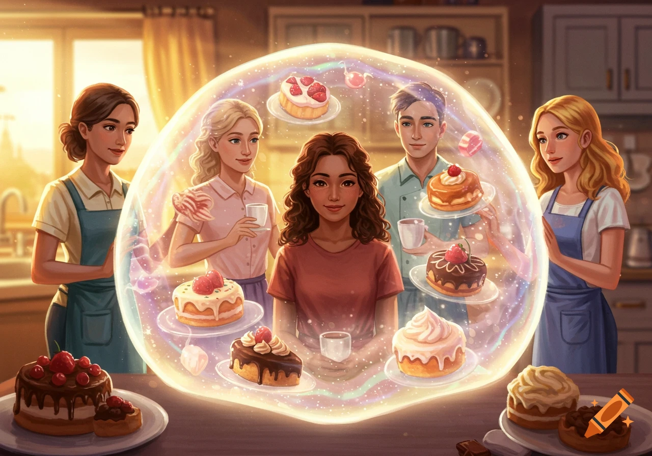 Five people in a sunlit kitchen, four smiling while a glowing sphere protects a central woman from surrounding desserts.