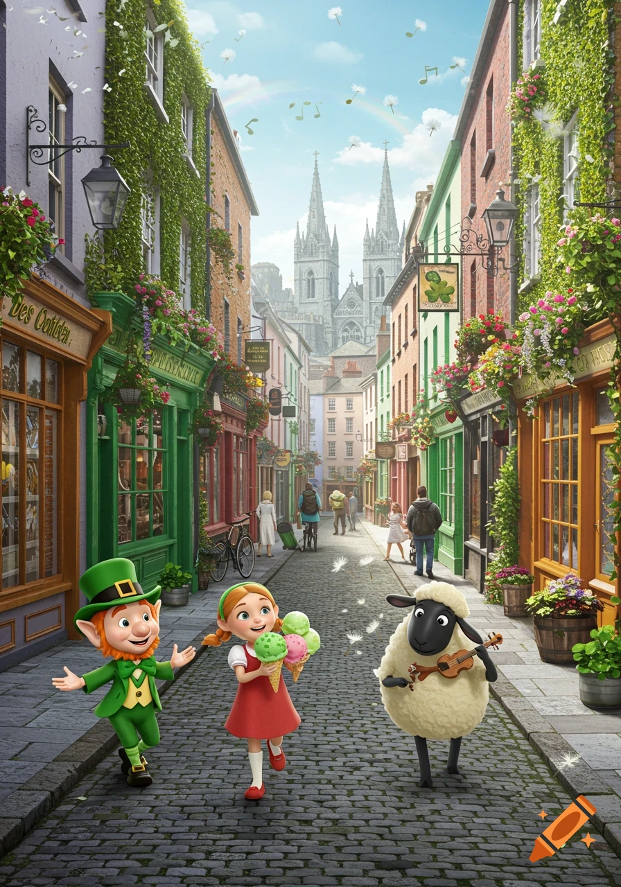 A cheerful leprechaun, a girl with ice cream, and a sheep playing a violin walk down a charming, ivy-covered cartoon street toward a distant castle.