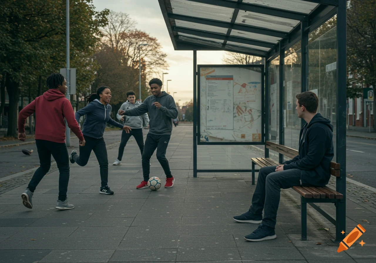 Young people play soccer on a city sidewalk next to a bus stop, while another young man sits on a bench.