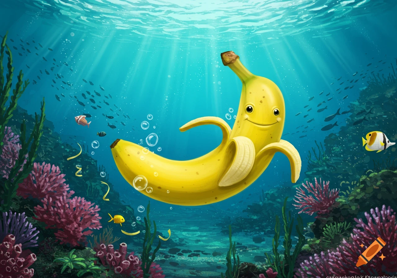 A cute, peeled cartoon banana with a smiling face swims underwater among colorful coral and small fish.