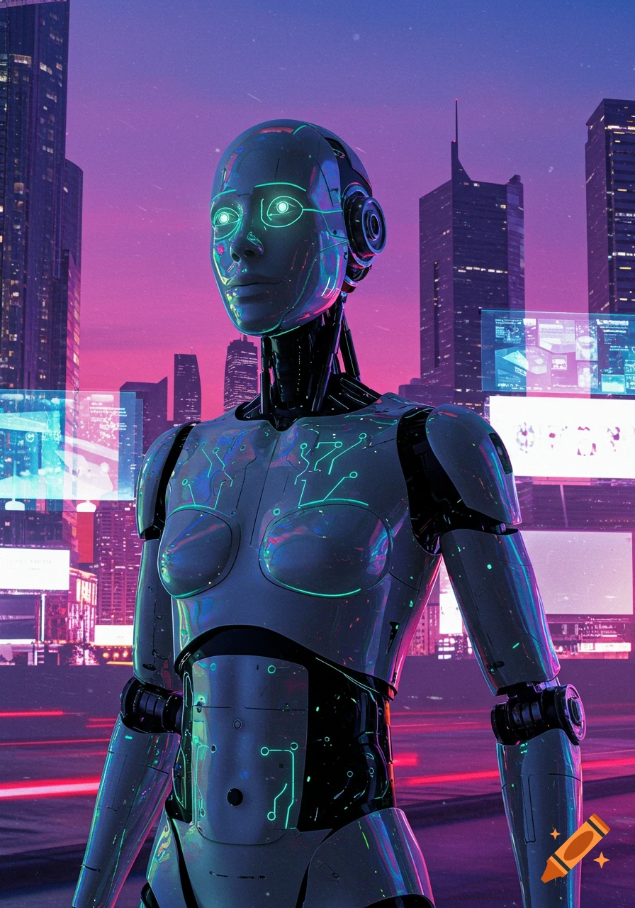 A female-presenting robot with glowing eyes and circuits stands in a neon-lit cyberpunk city at night.