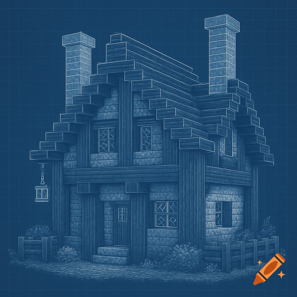 Minecraft-style medieval house blueprint on a blue grid background.