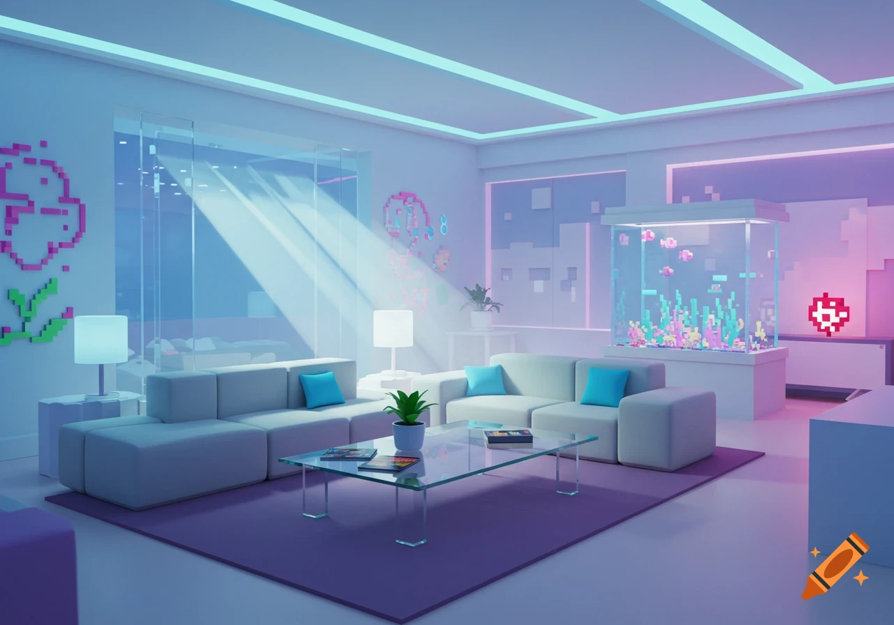 A modern living room in a pixel art style, with white sofas, a glass table, a pixelated aquarium, and vibrant blue and purple neon lighting.