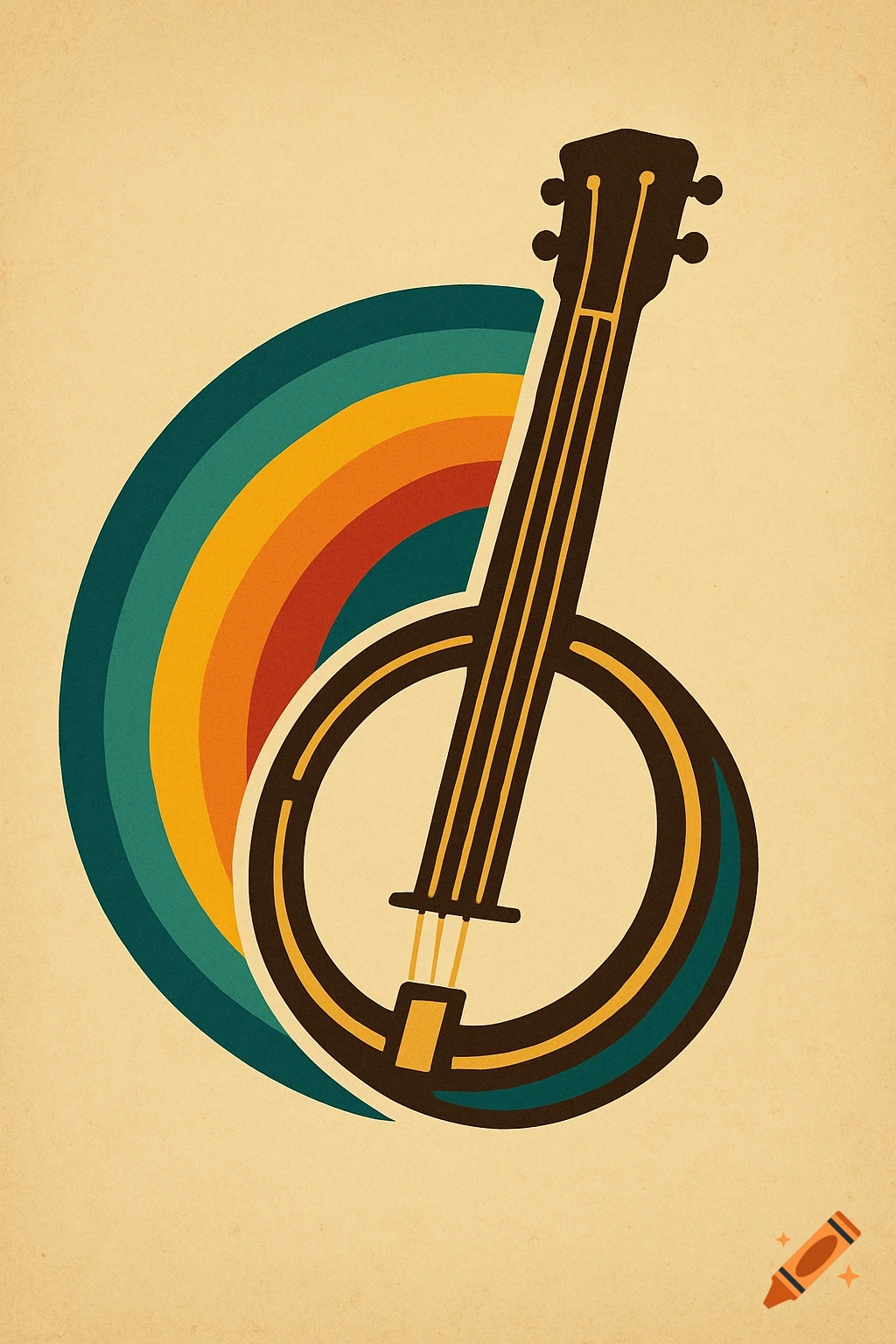 Mid-century modern illustration of a banjo with a rainbow arc against a cream background.
