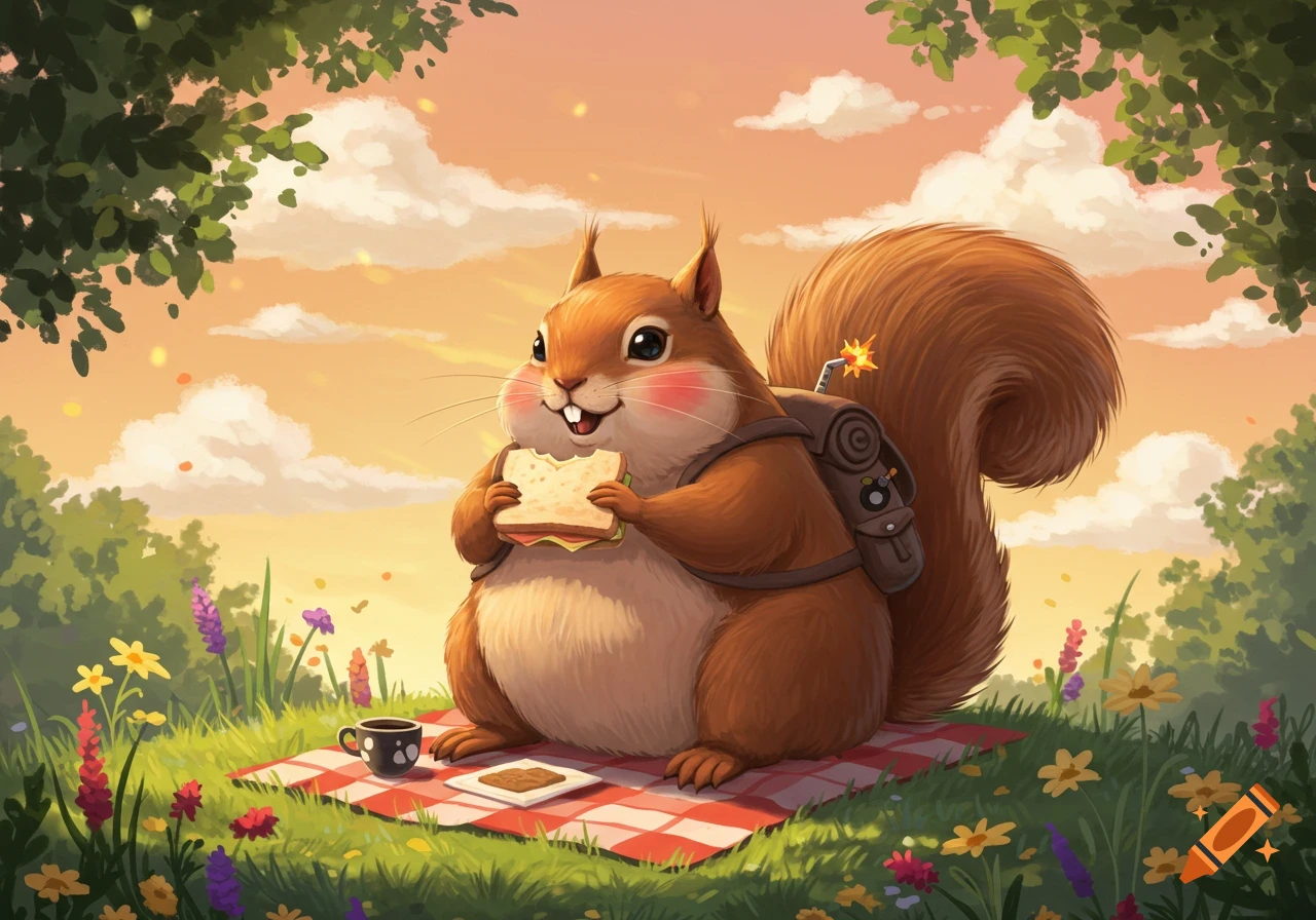 A cute, chubby cartoon squirrel wearing a bomb backpack sits on a picnic blanket, eating a sandwich in a vibrant field at sunset.