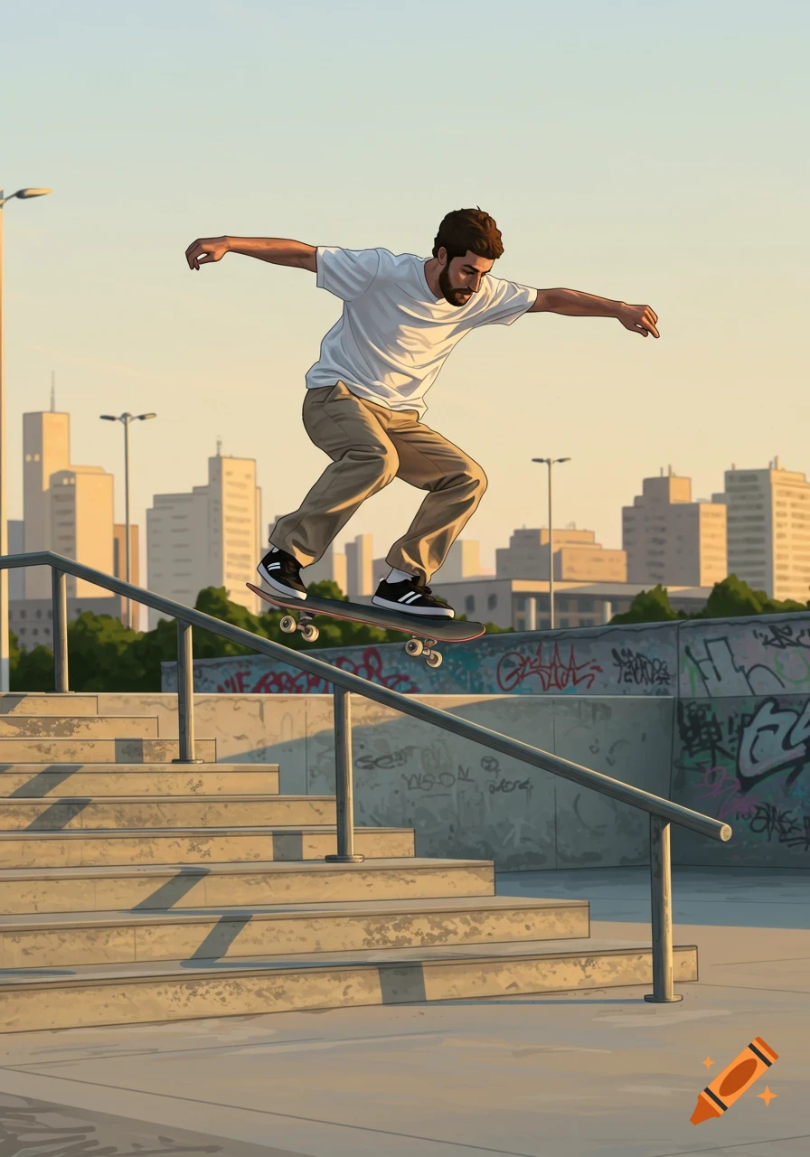 Illustrated bearded man skateboarding on a stair rail at a skatepark with city buildings in the background.