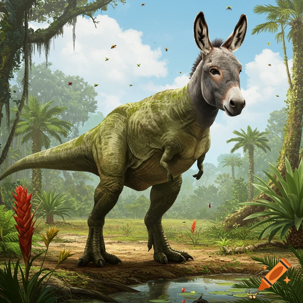 A photorealistic T-Rex with a donkey's head stands in a tropical jungle clearing with a small pond under a blue sky.