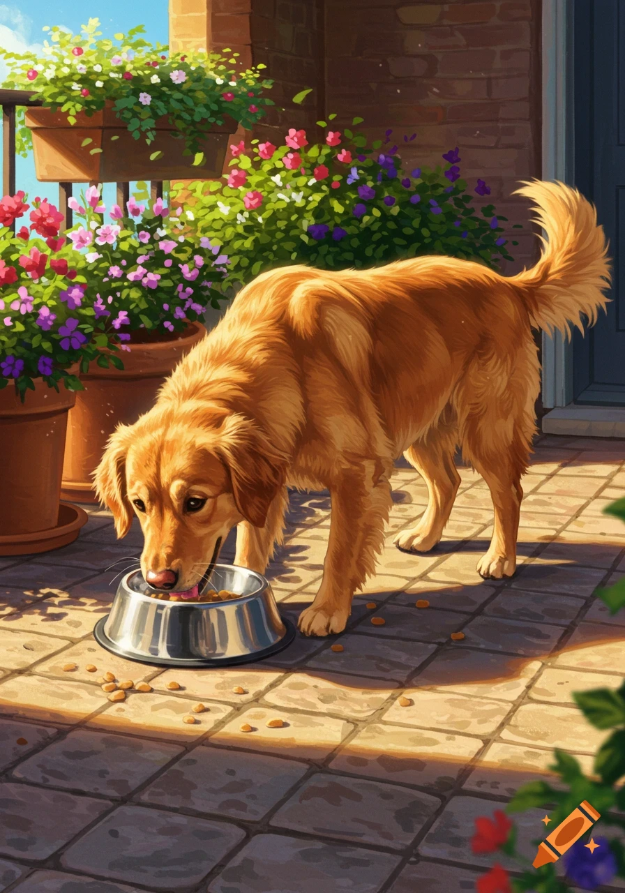 A golden retriever dog eats from a metal bowl on a sunny patio, surrounded by colorful potted flowers, in a detailed illustration.