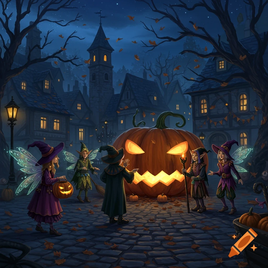Elves and fairies in witch costumes gather around a giant glowing jack-o'-lantern in a spooky village square at night, fantasy art.