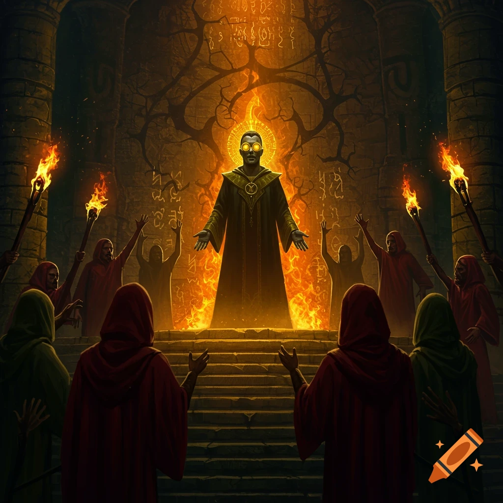 A cloaked leader with glowing eyes and yellow goggles stands amidst fire, addressing robed cult followers in a torch-lit ancient temple.