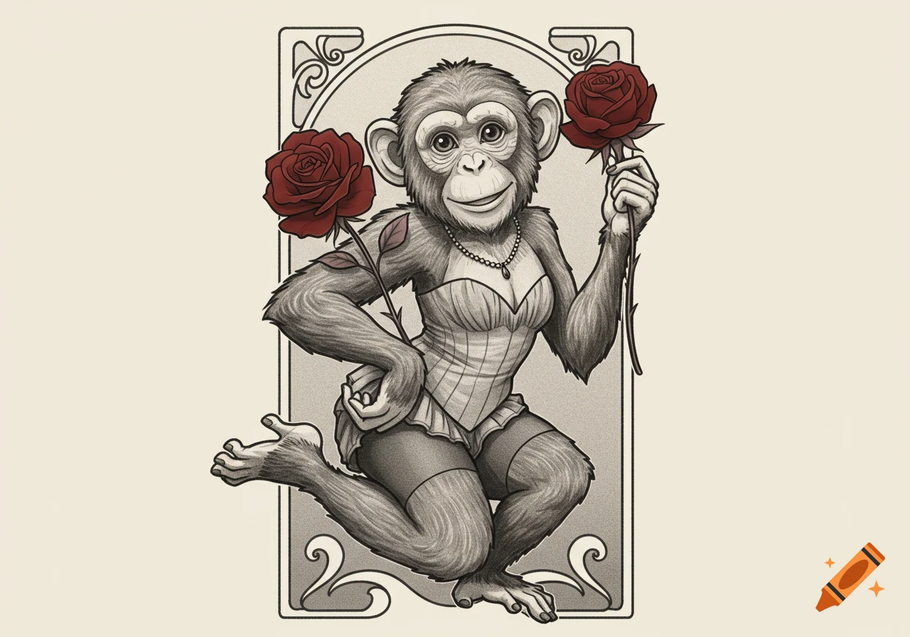 Stylized tattoo design of a chimpanzee in pin-up attire, holding red roses, framed by art nouveau flourishes.