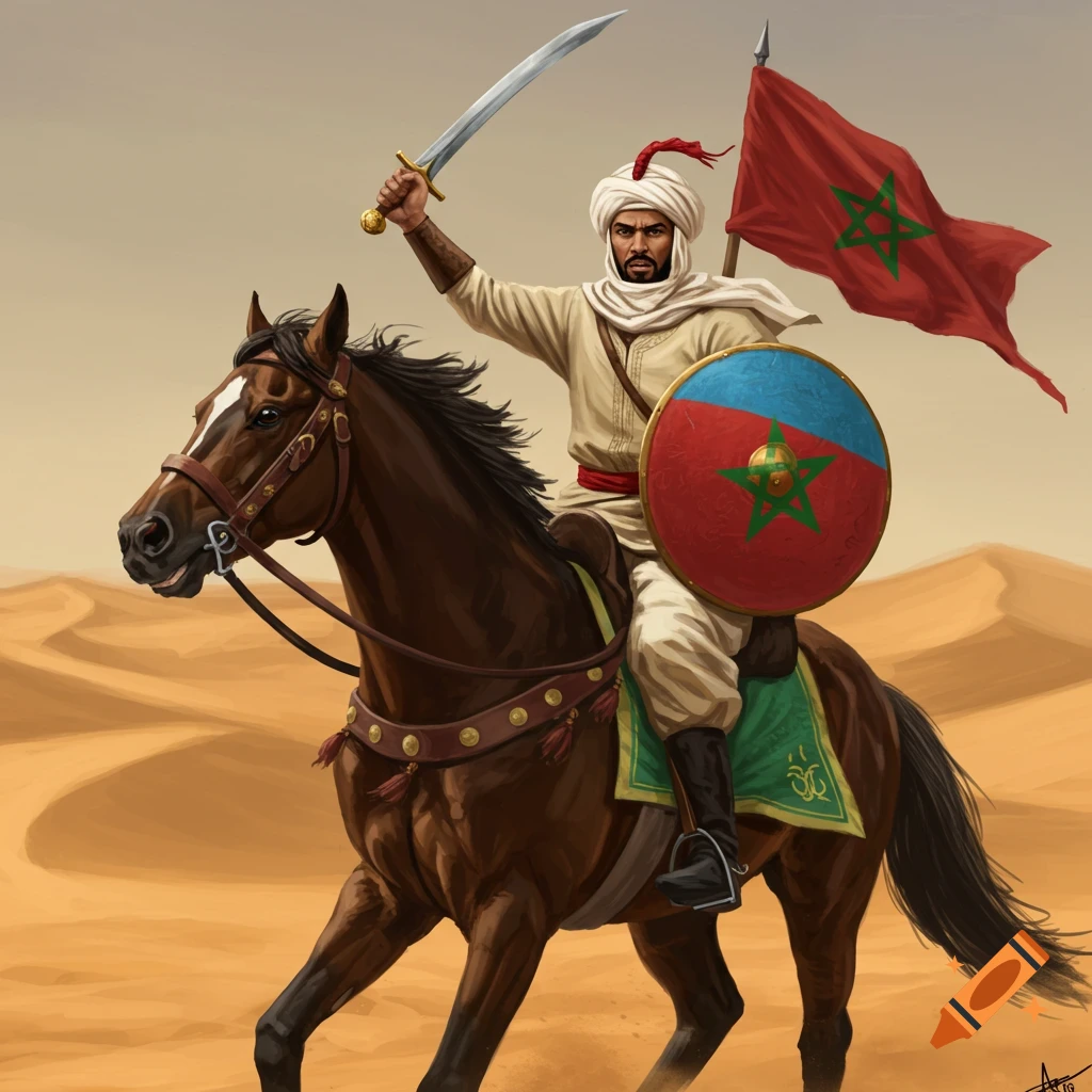 An Amazigh knight in traditional North African attire on a brown horse, raising a sword. He holds a shield with Moroccan and blue designs, and carries a Moroccan flag in a desert.